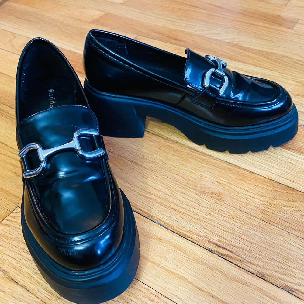 Madden Girl Black Patent Leather Loafers w/ Platform Sole & Silver Buckle Accent